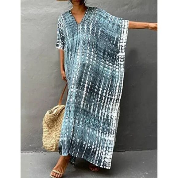 New Women Print Beach Kaftan Bathing Suit Cover Ups, blue Grey - Picture 5 of 6